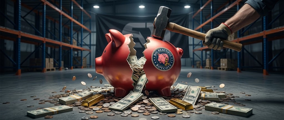 A hammer breaks open a red piggy bank, spilling cash and coins onto a warehouse floor.