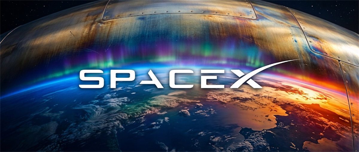 SpaceX logo overlaid on a composite image of Earth's curvature with a metallic spacecraft heat shield above.