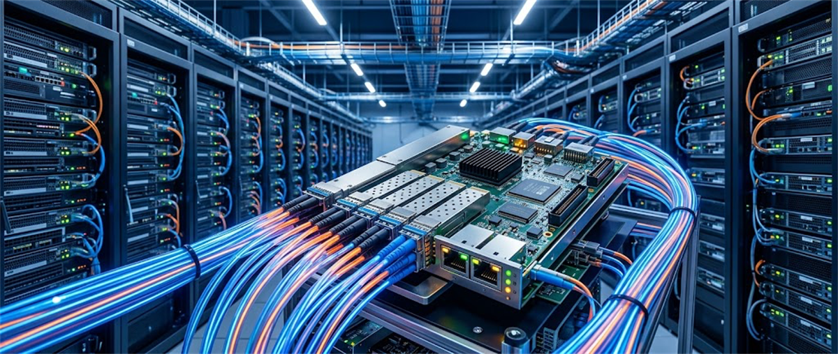 Illustration of a server data center with a network switch board connected to fiber optic cables and equipment racks.
