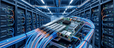Illustration of a server data center with a network switch board connected to fiber optic cables and equipment racks.