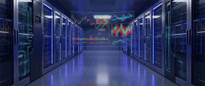 Illustration of a data center aisle with servers, overlaid by digital stock price and candlestick charts on a screen.