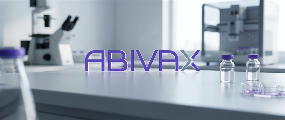 Abivax logo displayed in a laboratory setting with a microscope, vials, and lab equipment on a counter.
