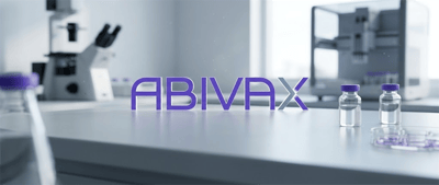 Abivax logo displayed in a laboratory setting with a microscope, vials, and lab equipment on a counter.