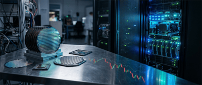 Semiconductor wafers and chips on a lab table beside server racks, with a declining stock price candlestick chart overlay.