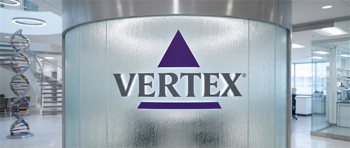 Vertex Pharmaceuticals logo displayed on a glass wall in an office lobby with a DNA helix sculpture nearby.
