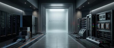Illustrated data center corridor with server racks and cables leading to a glowing door labeled Anthropic.