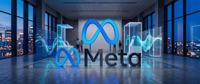 3D rendering of the Meta infinity logo and wordmark displayed in a modern glass-walled exhibition space.