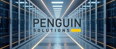 Penguin Solutions logo overlaid on a data center hallway lined with server racks.
