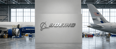 Boeing logo displayed on a wall inside a hangar with aircraft visible on both sides.