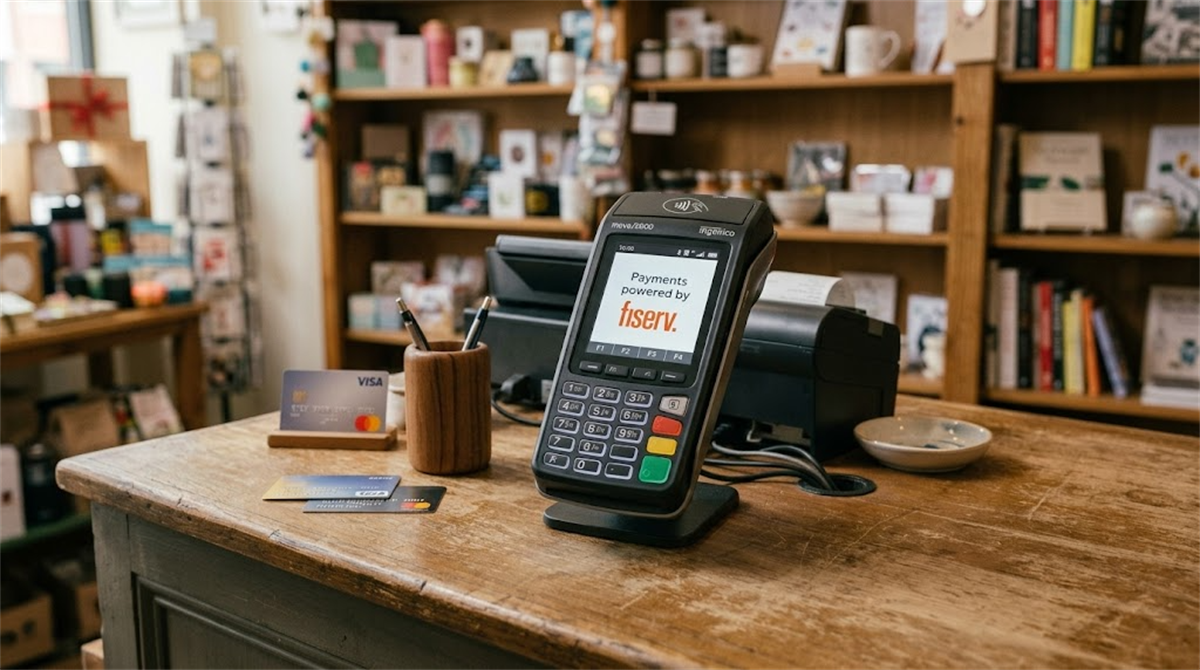 Card payment terminal on a shop counter displaying "Payments powered by Fiserv" next to credit cards and bookshelves.