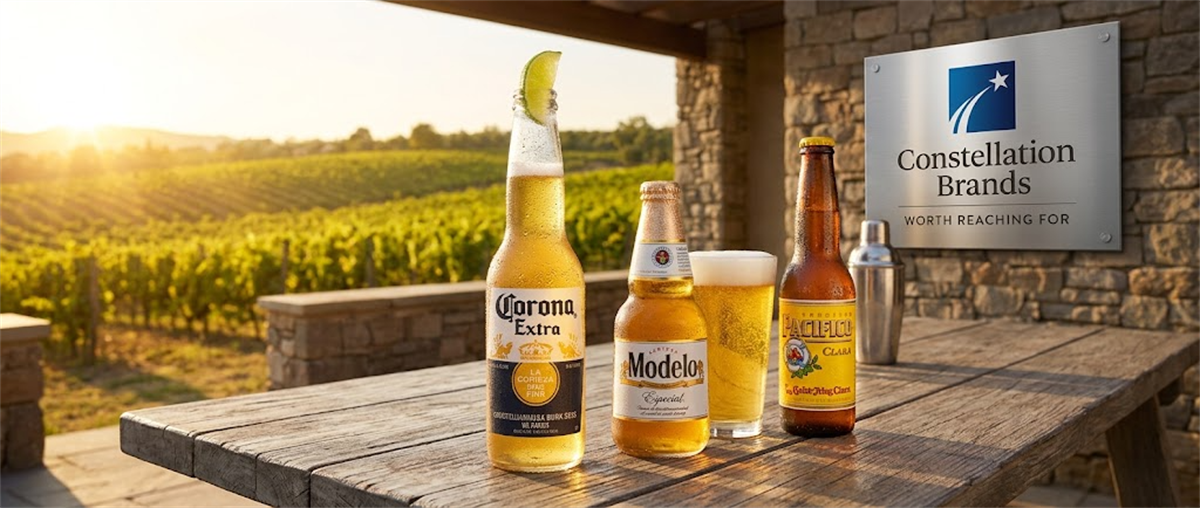 Corona Extra, Modelo Especial, and Pacifico beer bottles on a table beside a Constellation Brands logo sign.
