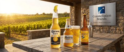 Corona Extra, Modelo Especial, and Pacifico beer bottles on a table beside a Constellation Brands logo sign.