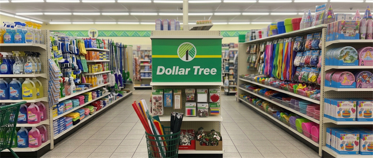 Interior of a Dollar Tree store aisle with a green Dollar Tree logo sign above shelves of household products.