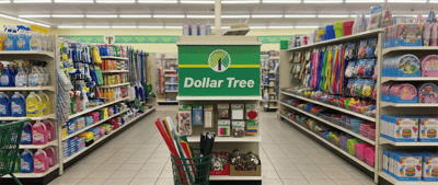 Interior of a Dollar Tree store aisle with a green Dollar Tree logo sign above shelves of household products.