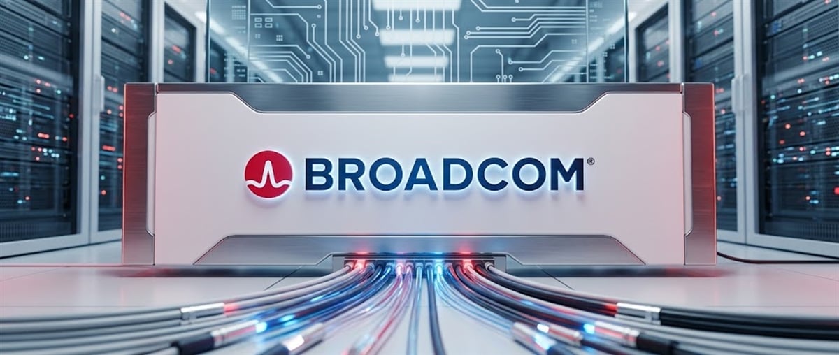 Illustration of a server unit displaying the Broadcom logo with cables connected, set in a data center.