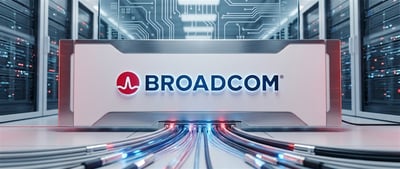 Illustration of a server unit displaying the Broadcom logo with cables connected, set in a data center.