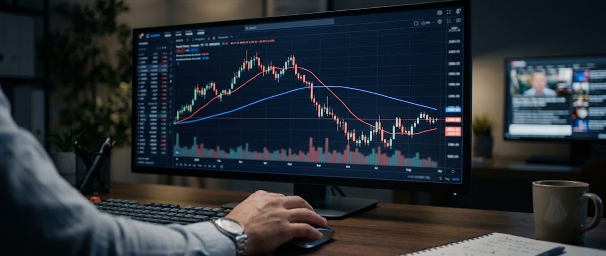 Person using a mouse at a desk while viewing a candlestick death cross stock price chart with moving averages on a computer monitor.