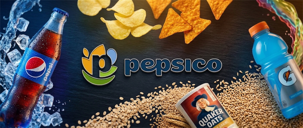 PepsiCo logo surrounded by brand products including Pepsi, Gatorade, Quaker Oats, potato chips, and Doritos.