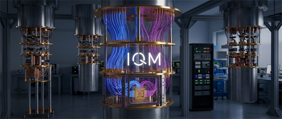 Illustration of a quantum computing chandelier with the IQM logo, surrounded by cryogenic quantum computer units in a lab.