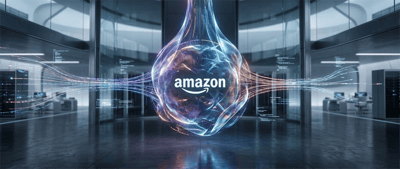 Amazon logo at the center of a glowing digital sphere with data streams in a server room.