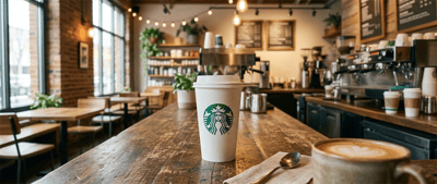 A Starbucks cup with logo sits on a wooden counter inside a coffee shop with espresso equipment visible.