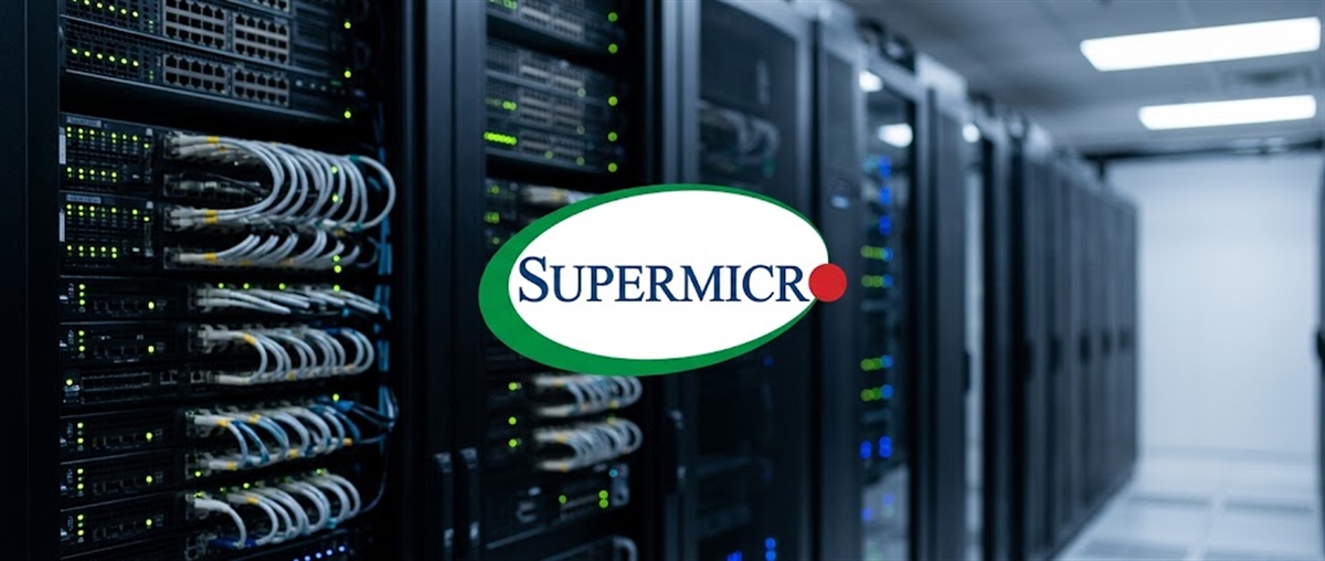 Supermicro logo displayed over a data center aisle lined with server racks and networking equipment.