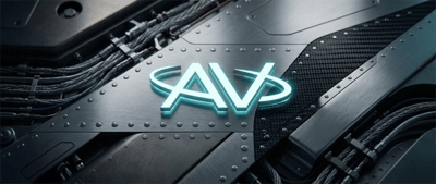 Illuminated AV logo displayed on a riveted metal panel surrounded by cables and machinery components.