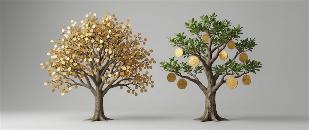 Illustration of two trees, one with gold coin leaves and one with green leaves and hanging dollar coins, symbolizing investment growth.