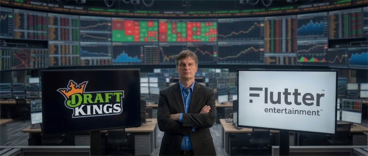 Man resembling Michael Burry in a suit stands between DraftKings and Flutter Entertainment logos on screens in a trading floor setting.