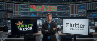 Man resembling Michael Burry in a suit stands between DraftKings and Flutter Entertainment logos on screens in a trading floor setting.