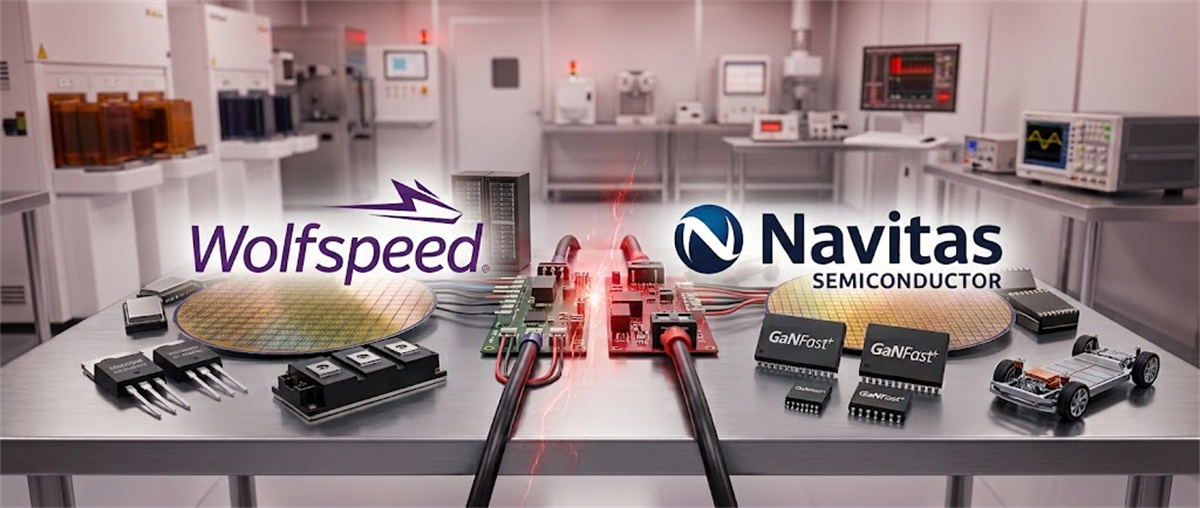 Wolfspeed and Navitas Semiconductor logos displayed above semiconductor chips, wafers, and circuit boards in a lab setting.