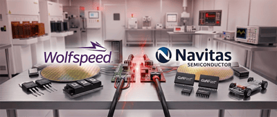Wolfspeed and Navitas Semiconductor logos displayed above semiconductor chips, wafers, and circuit boards in a lab setting.