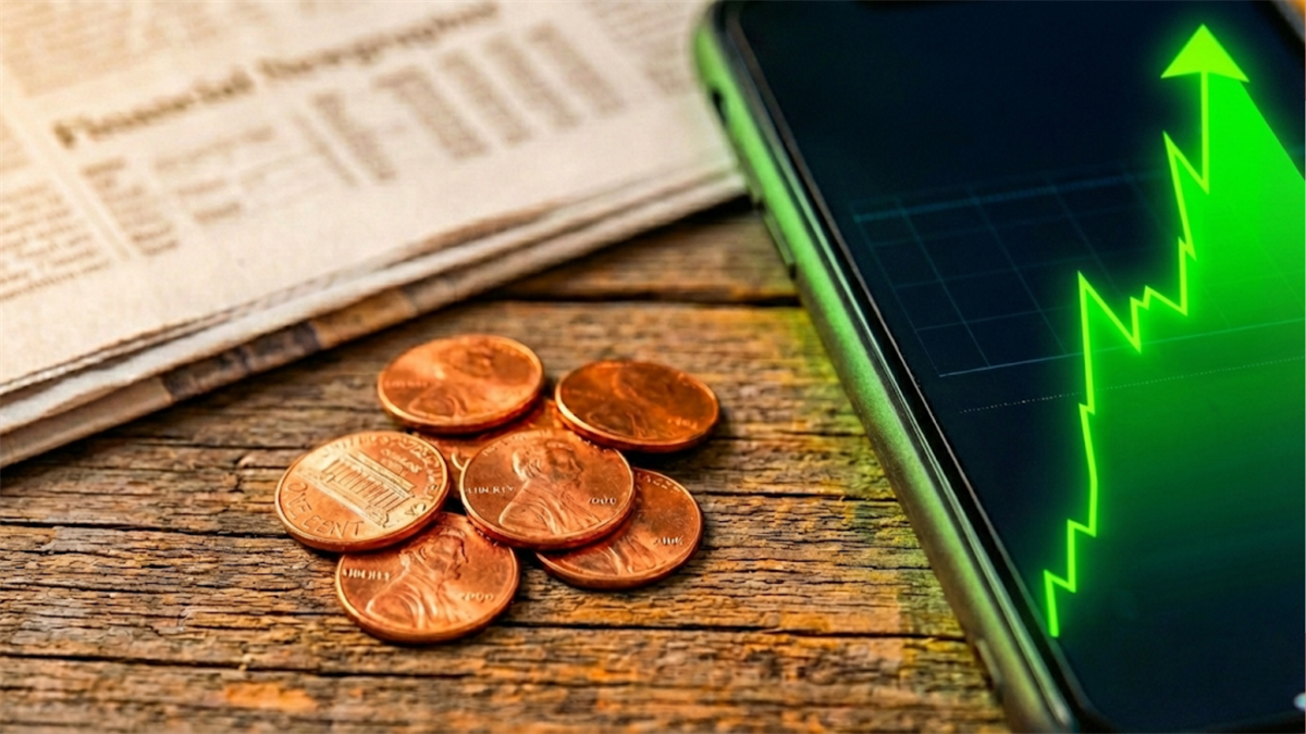 Pennies on a wooden surface beside a financial newspaper and a smartphone displaying an upward green stock price chart.
