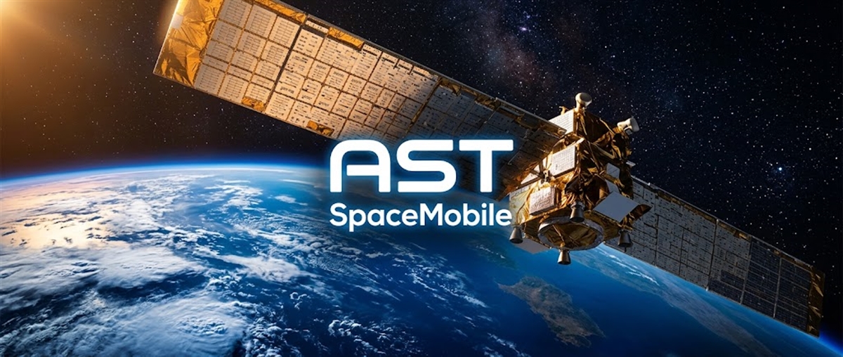 AST SpaceMobile logo with a satellite featuring large solar arrays orbiting above Earth in space.