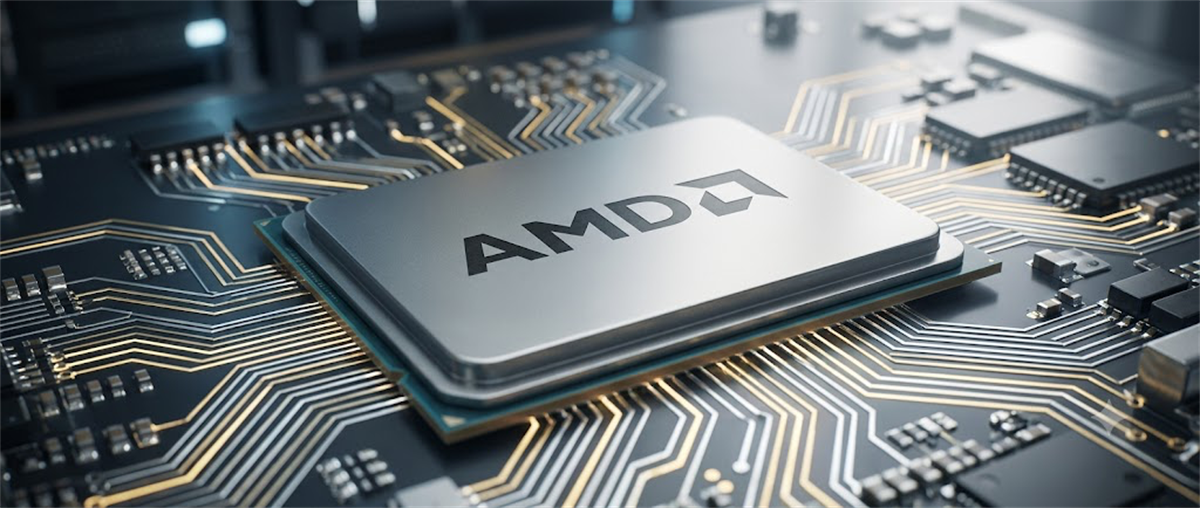 AMD logo displayed on a computer processor chip placed on a circuit board with illuminated gold pathways.