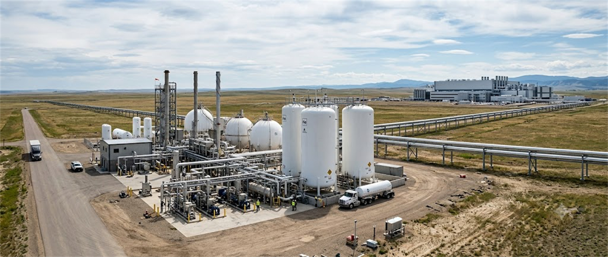 Aerial view of an industrial gas processing plant with storage tanks, pipelines, and a tanker truck on open grassland.