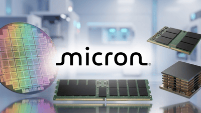 Micron logo with a silicon wafer, memory modules, and semiconductor chip stack in a lab setting.