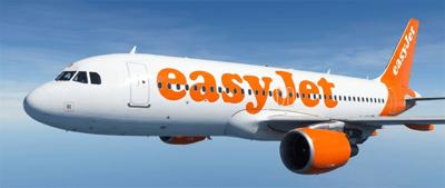 An easyJet passenger jet with orange livery and logo flying above clouds against a blue sky.
