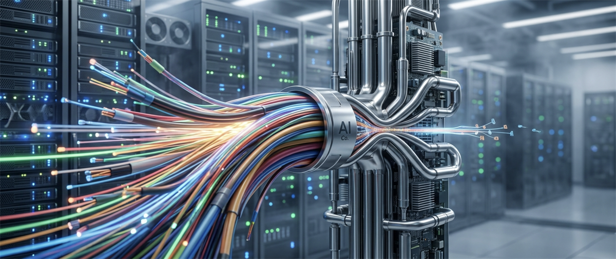 Illustration of colorful fiber optic cables feeding into a metal connector labeled "AI Co." inside a data center.