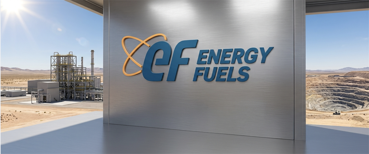 Energy Fuels logo displayed on a metal wall between a processing facility and an open-pit mine.