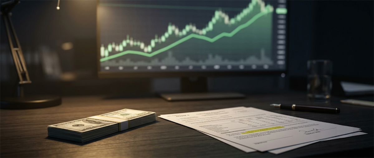 Desk scene with a stack of cash, signed document, and pen beside a monitor showing an upward stock price chart.