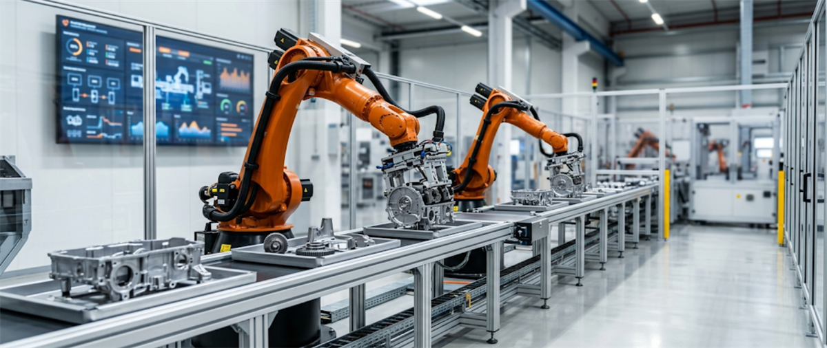 Orange industrial robotic arms assemble metal components on a factory production line beside a data display screen.