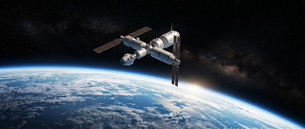 Illustration of a space station with solar panels orbiting Earth against a starry background.