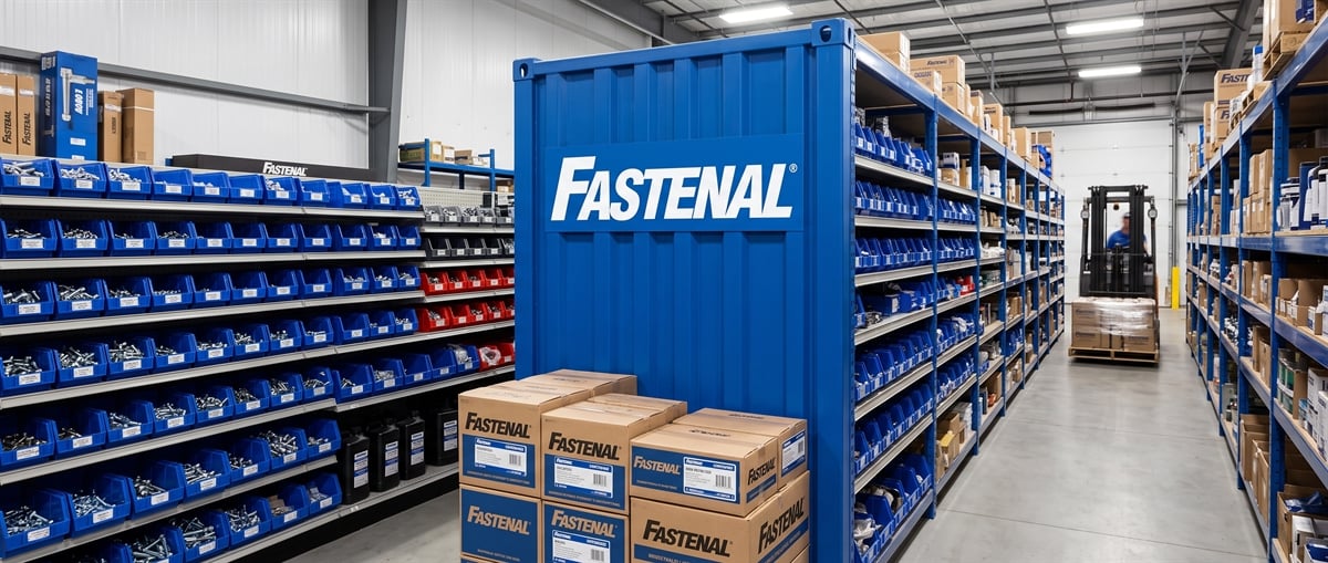 Warehouse aisle with Fastenal branded storage bins, boxes, and a forklift in a distribution center.