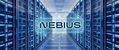 Nebius logo displayed in a data center aisle lined with illuminated blue server racks.
