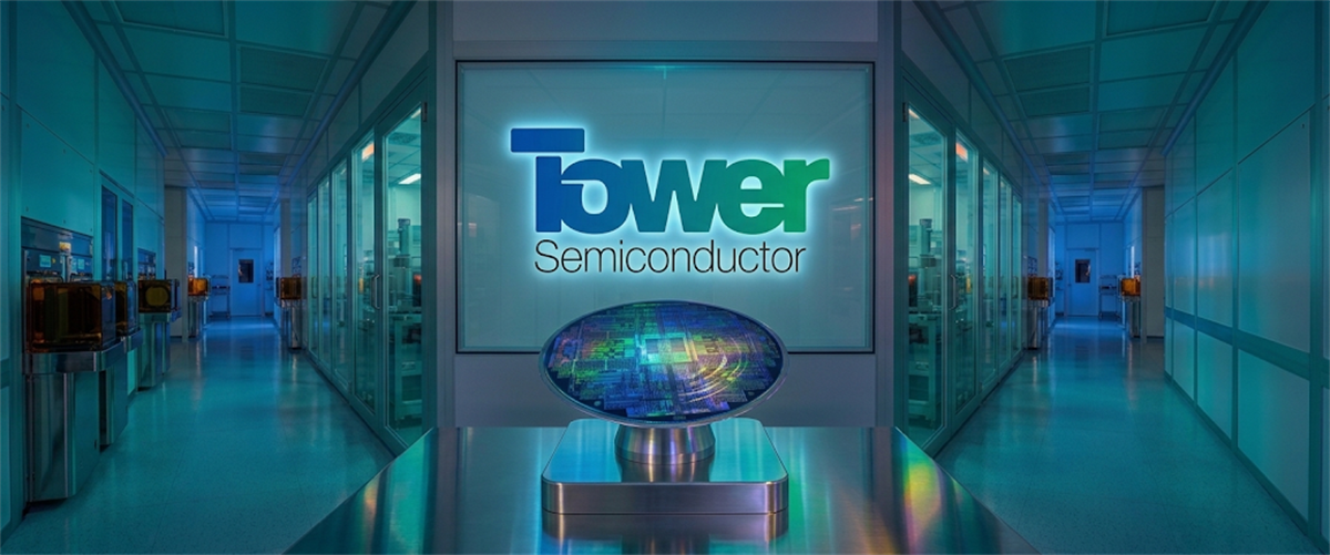 Tower Semiconductor logo displayed on a screen with a silicon wafer on a stand in a cleanroom hallway.