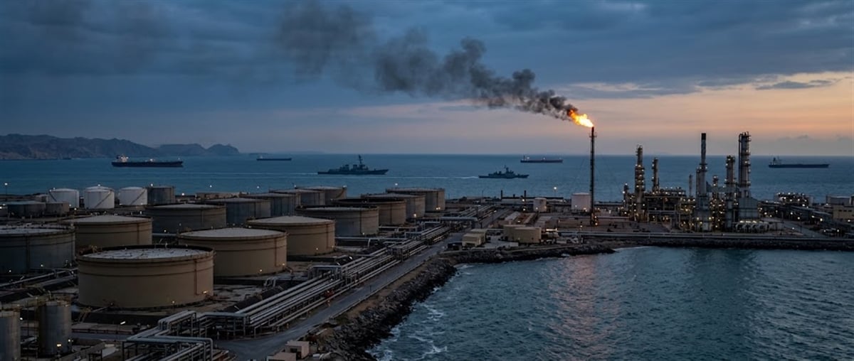 Coastal oil refinery with storage tanks, a gas flare stack, and tankers anchored offshore at dusk.