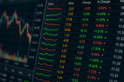 Digital display showing a stock price chart alongside a table of values, changes, and percent changes with up and down arrows.