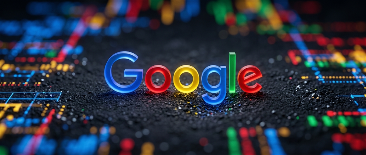 3D Google logo illuminated on a dark surface surrounded by blurred, colorful circuit-like light patterns.