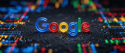3D Google logo illuminated on a dark surface surrounded by blurred, colorful circuit-like light patterns.